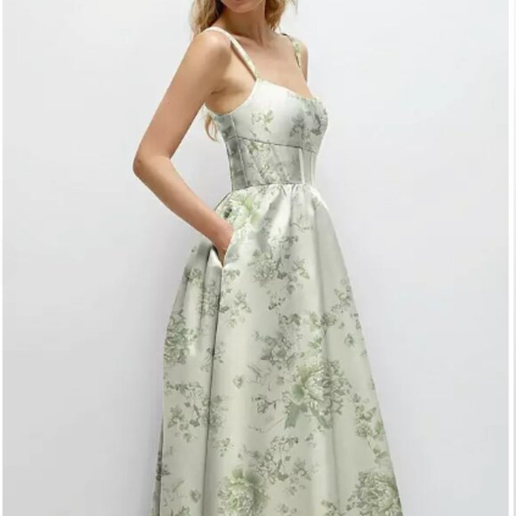 Dessy Collection Dresses & Skirts - Dessy Scoop Neck Inset Corset Floral Satin Maxi Dress with Pockets